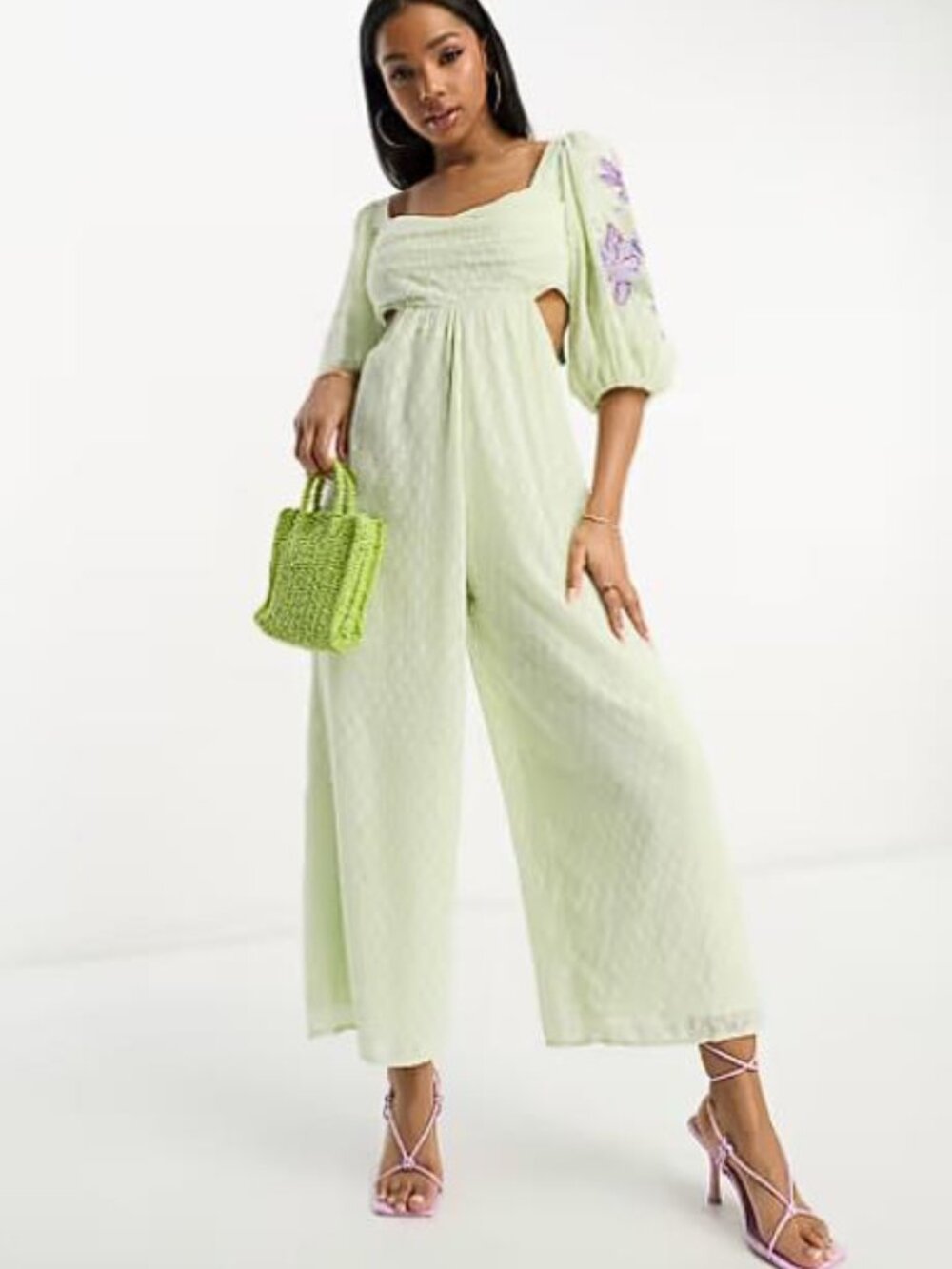 ASOS DESIGN Women's Smock Culotte Jumpsuit With Embroidery Size 10 in Mint